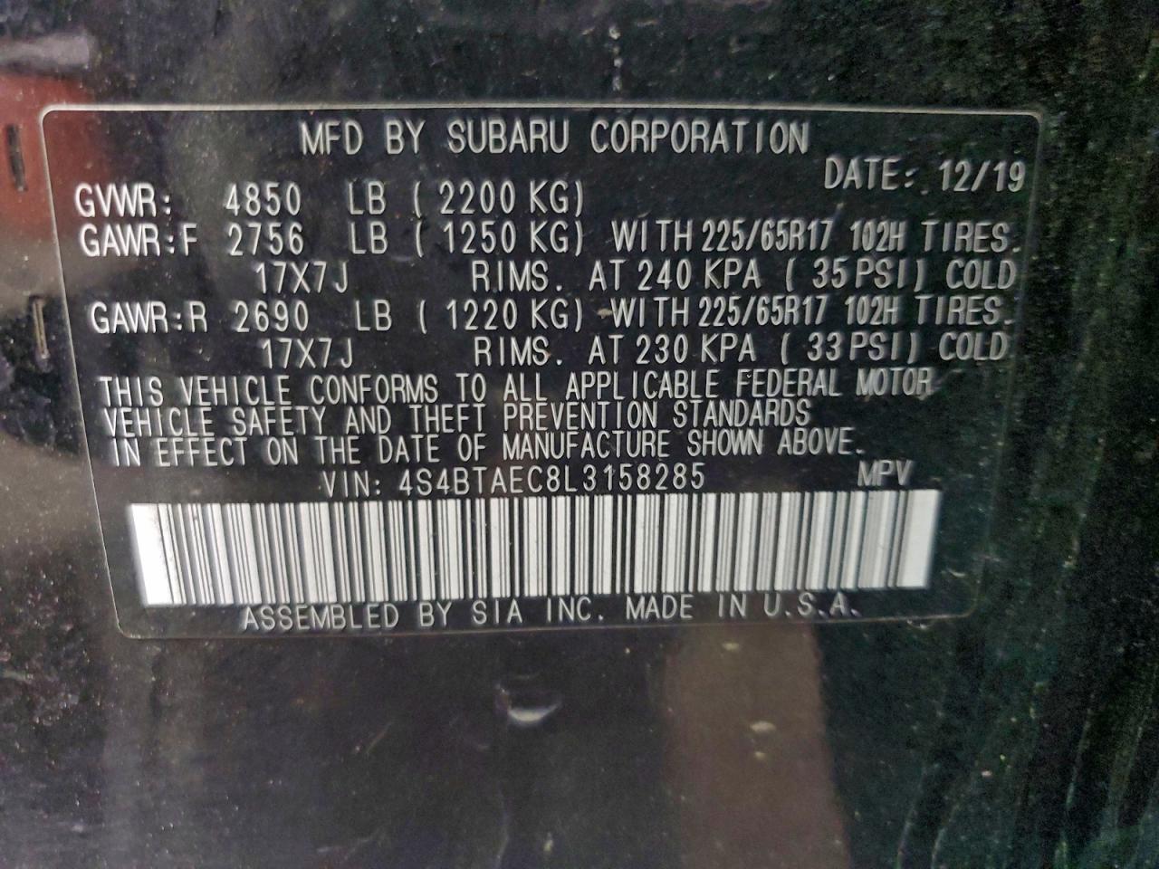 2020 Subaru Outback Premium VIN: 4S4BTAEC8L3158285 Lot: 95953055