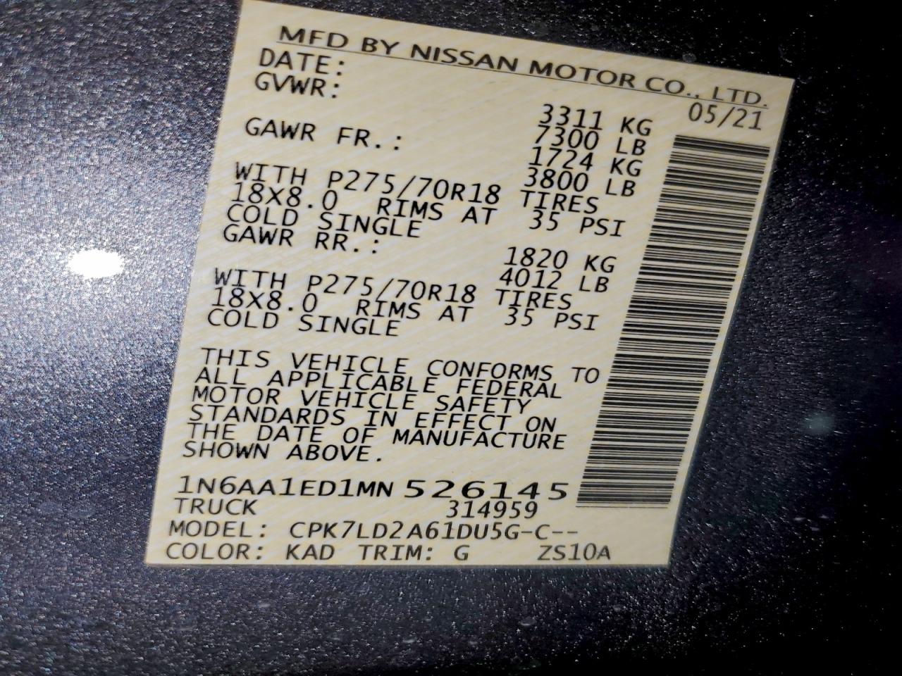 2021 Nissan Titan Sv VIN: 1N6AA1ED1MN526145 Lot: 95796375