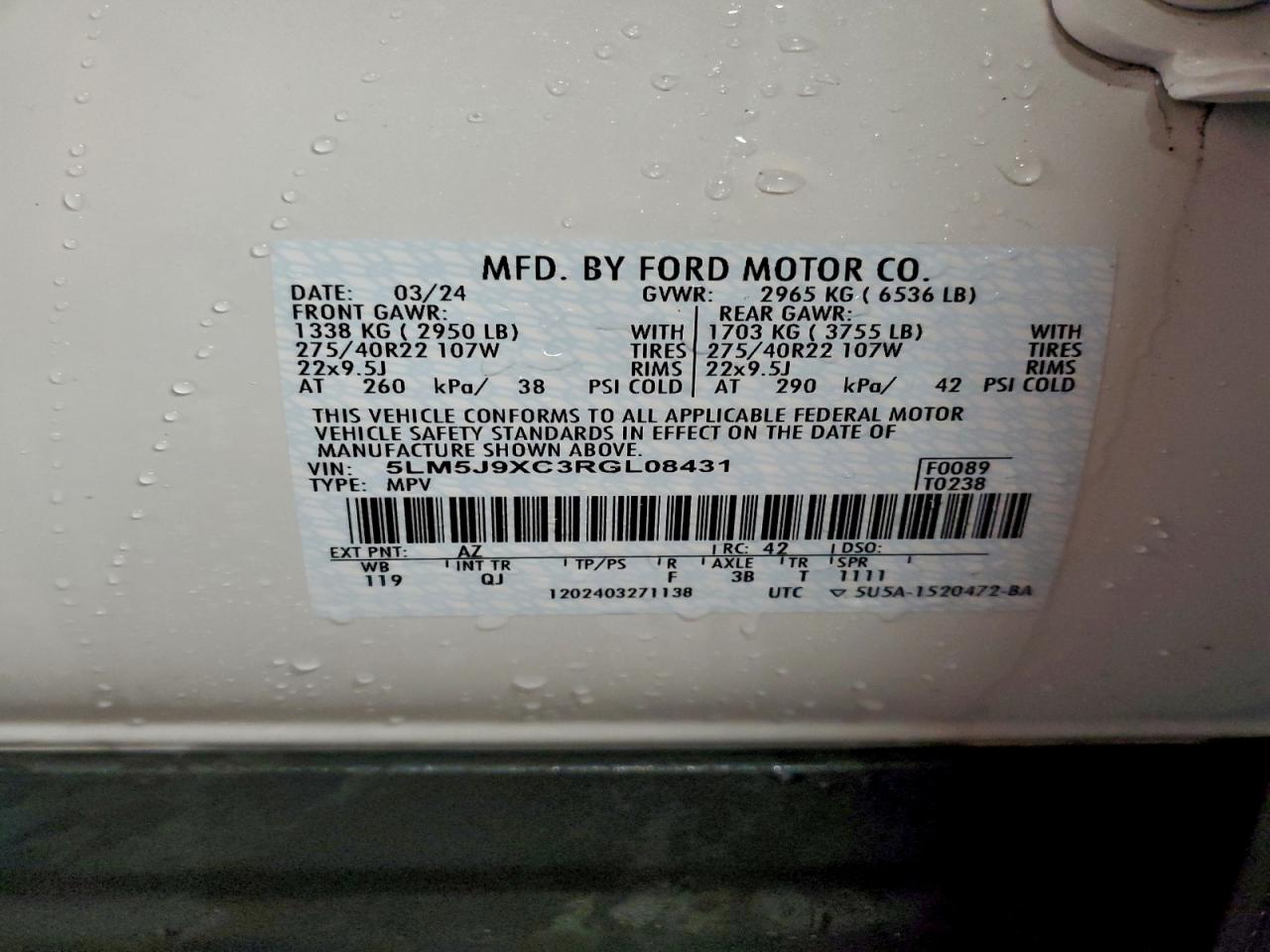 2024 Lincoln Aviator Black Label VIN: 5LM5J9XC3RGL08431 Lot: 95653845