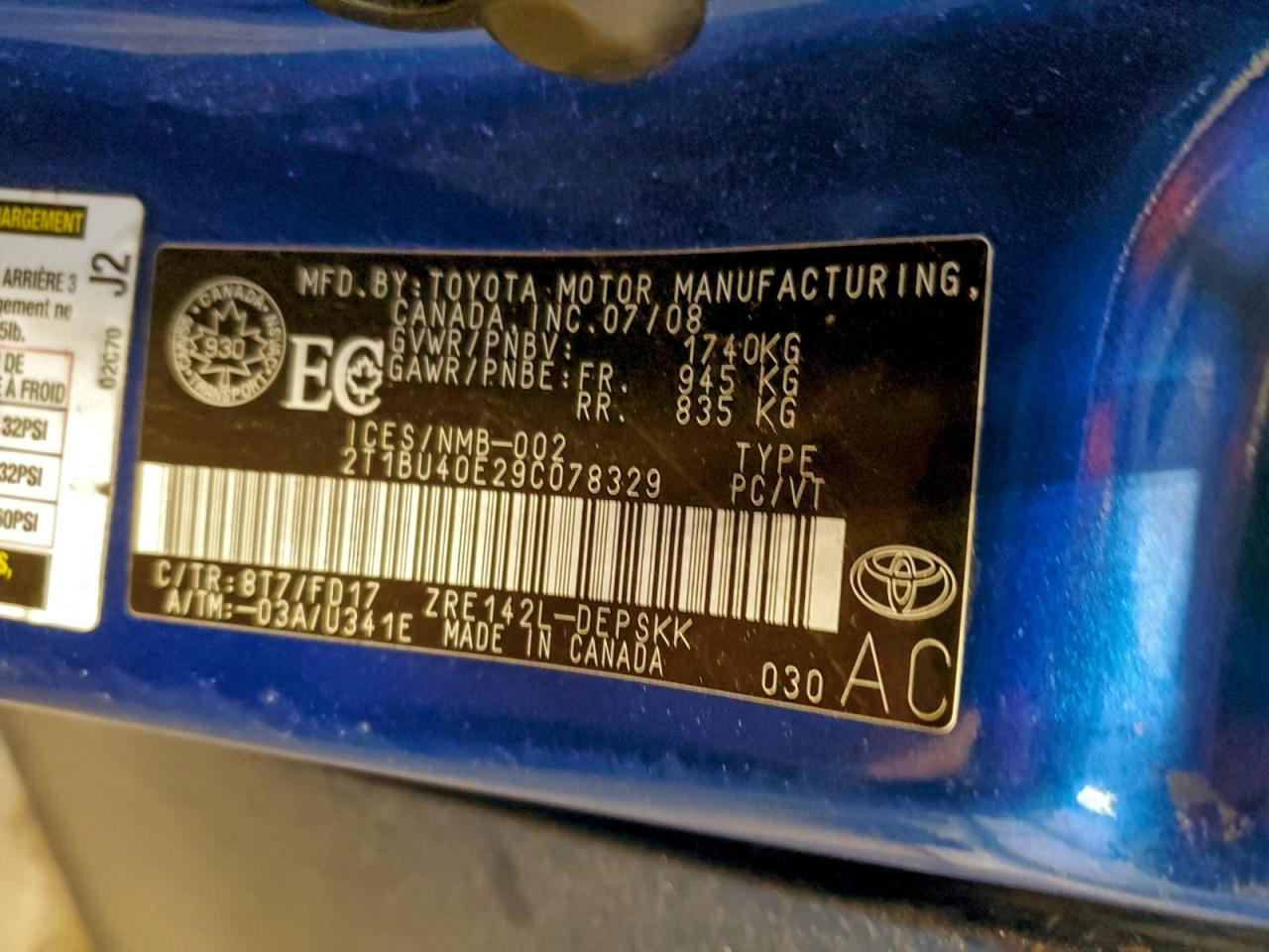 2009 Toyota Corolla Base VIN: 2T1BU40E29C078329 Lot: 94869795