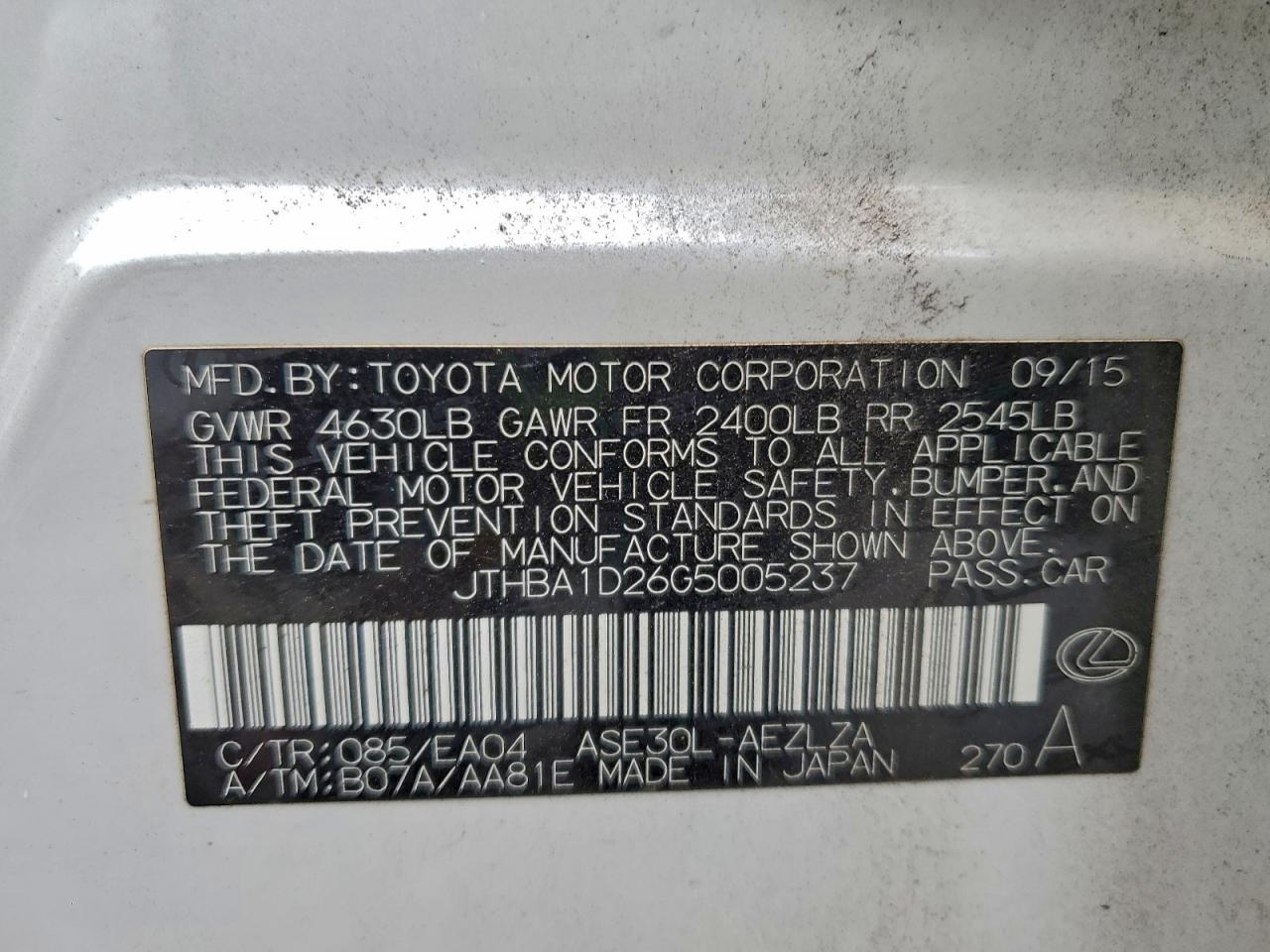 2016 Lexus Is 200T VIN: JTHBA1D26G5005237 Lot: 94753745