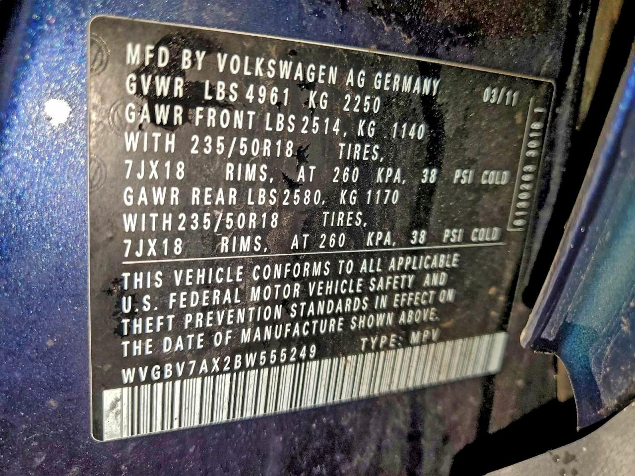 2011 Volkswagen Tiguan S VIN: WVGBV7AX2BW555249 Lot: 96984585