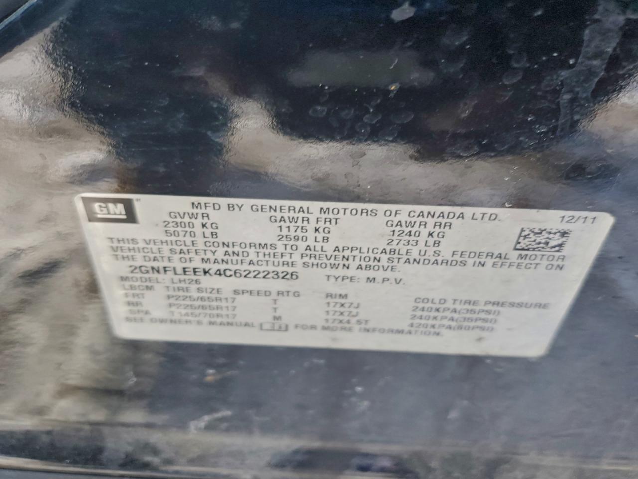 2012 Chevrolet Equinox Lt VIN: 2GNFLEEK4C6222326 Lot: 94582175