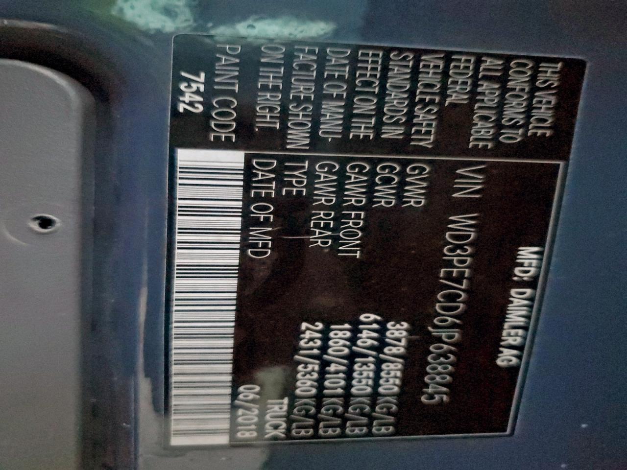 2018 Mercedes-Benz Sprinter 2500 VIN: WD3PE7CD6JP638845 Lot: 94751605