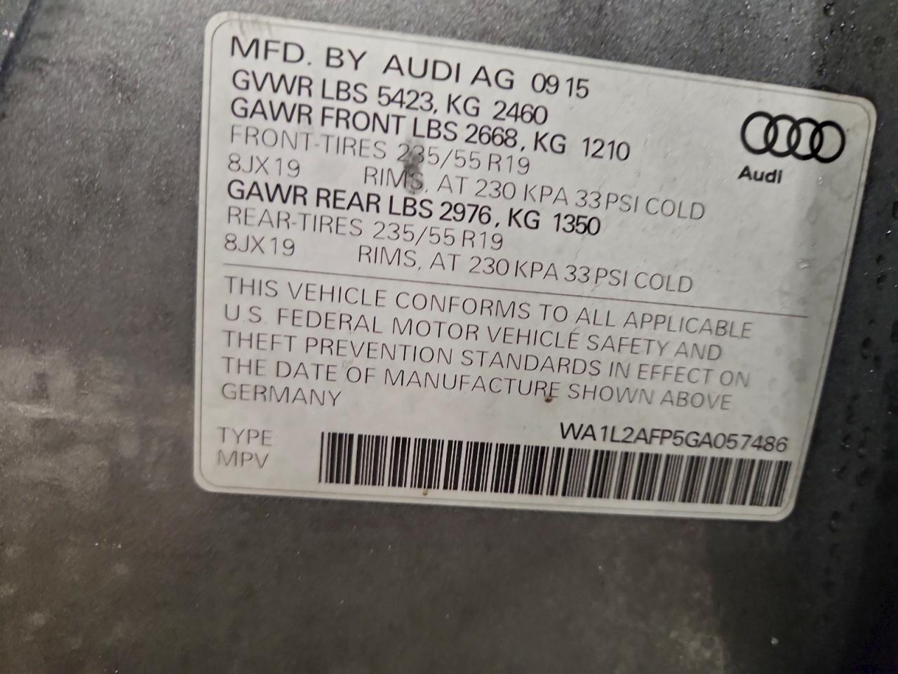 2016 Audi Q5 Premium Plus VIN: WA1L2AFP5GA057486 Lot: 94932115