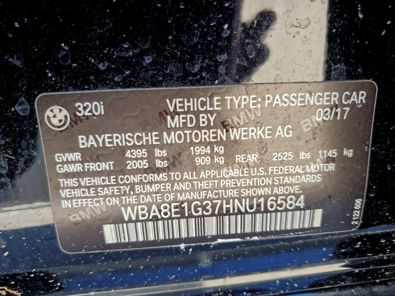 2017 BMW 320 I VIN: WBA8E1G37HNU16584 Lot: 96408625