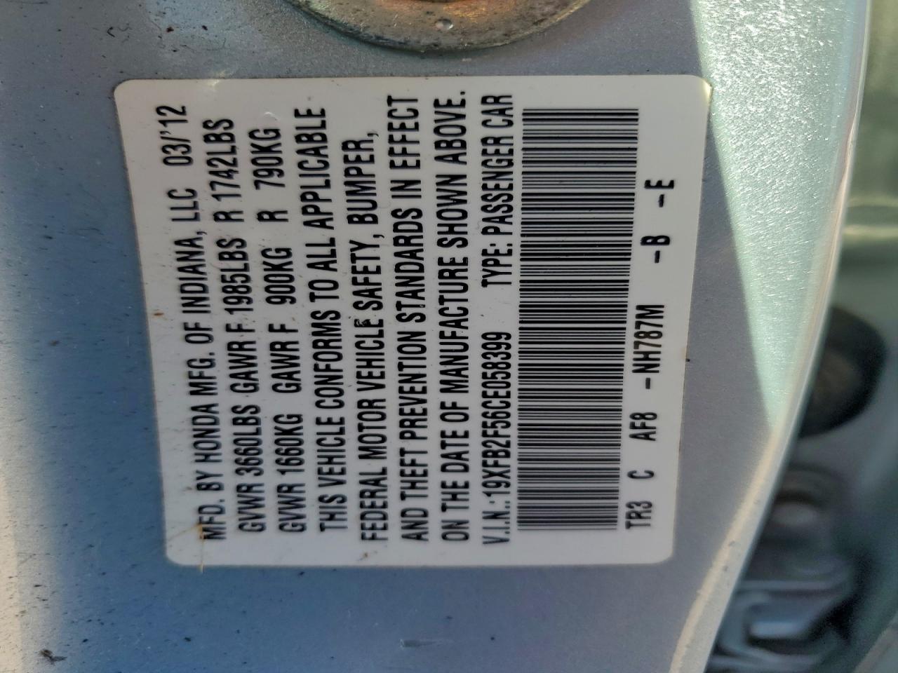 2012 Honda Civic Lx VIN: 19XFB2F56CE058399 Lot: 96818285