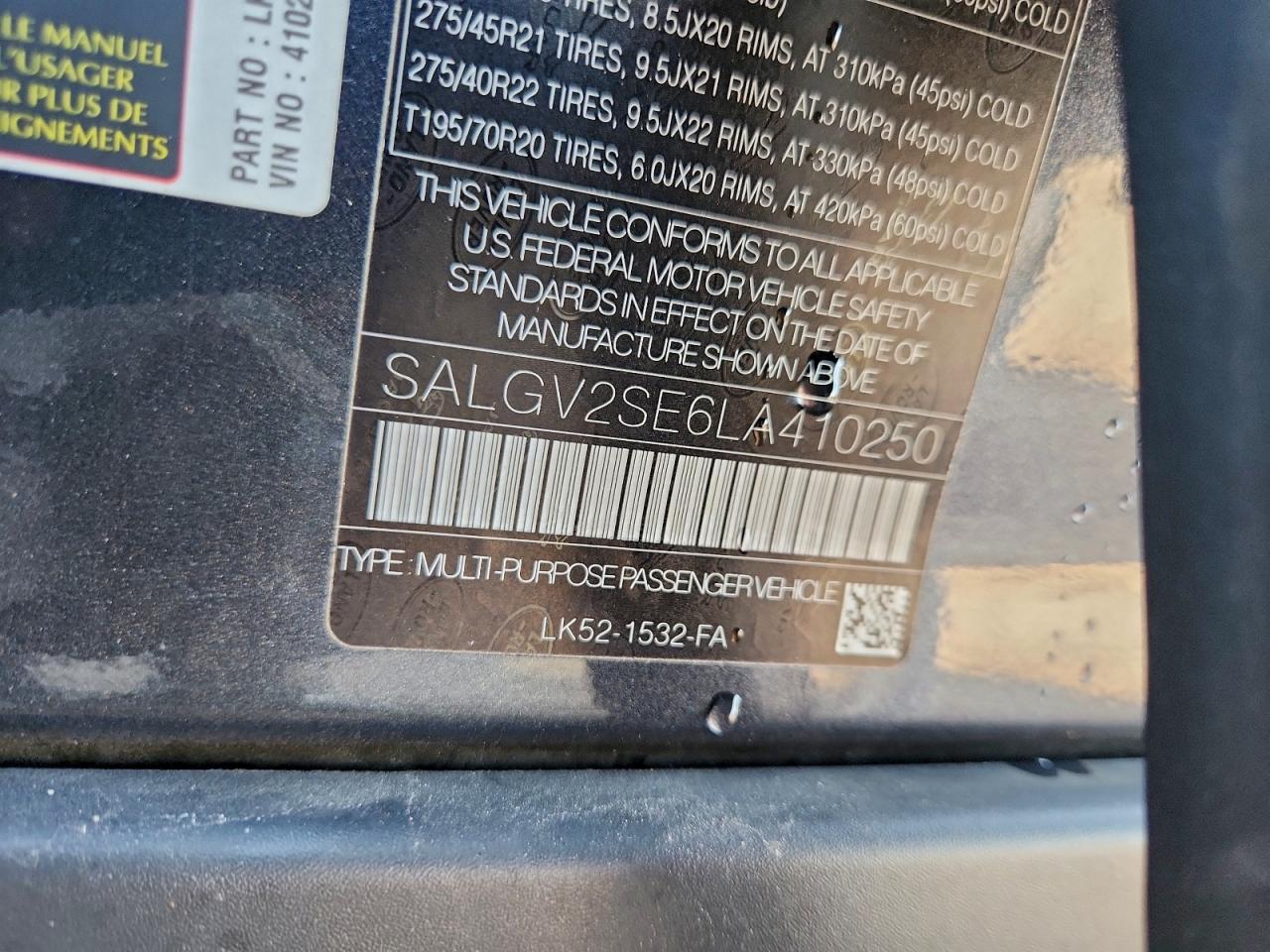 2020 Land Rover Range Rover Autobiography VIN: SALGV2SE6LA410250 Lot: 94919695