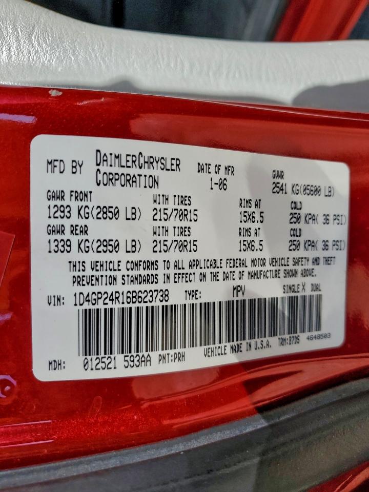 2006 Dodge Grand Caravan Se VIN: 1D4GP24R16B623738 Lot: 95146475