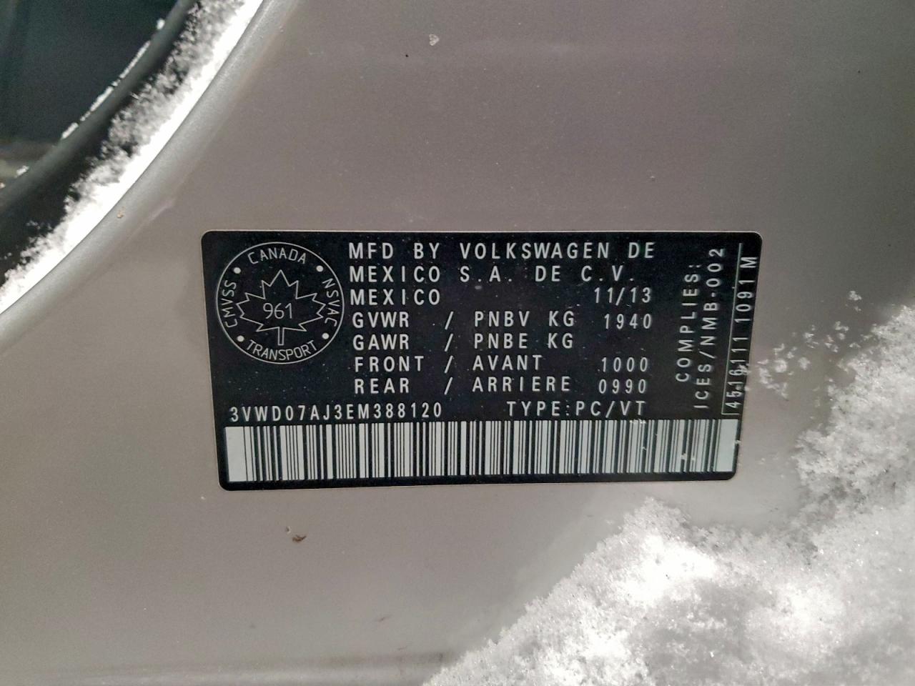 2014 Volkswagen Jetta Se VIN: 3VWD07AJ3EM388120 Lot: 95776165
