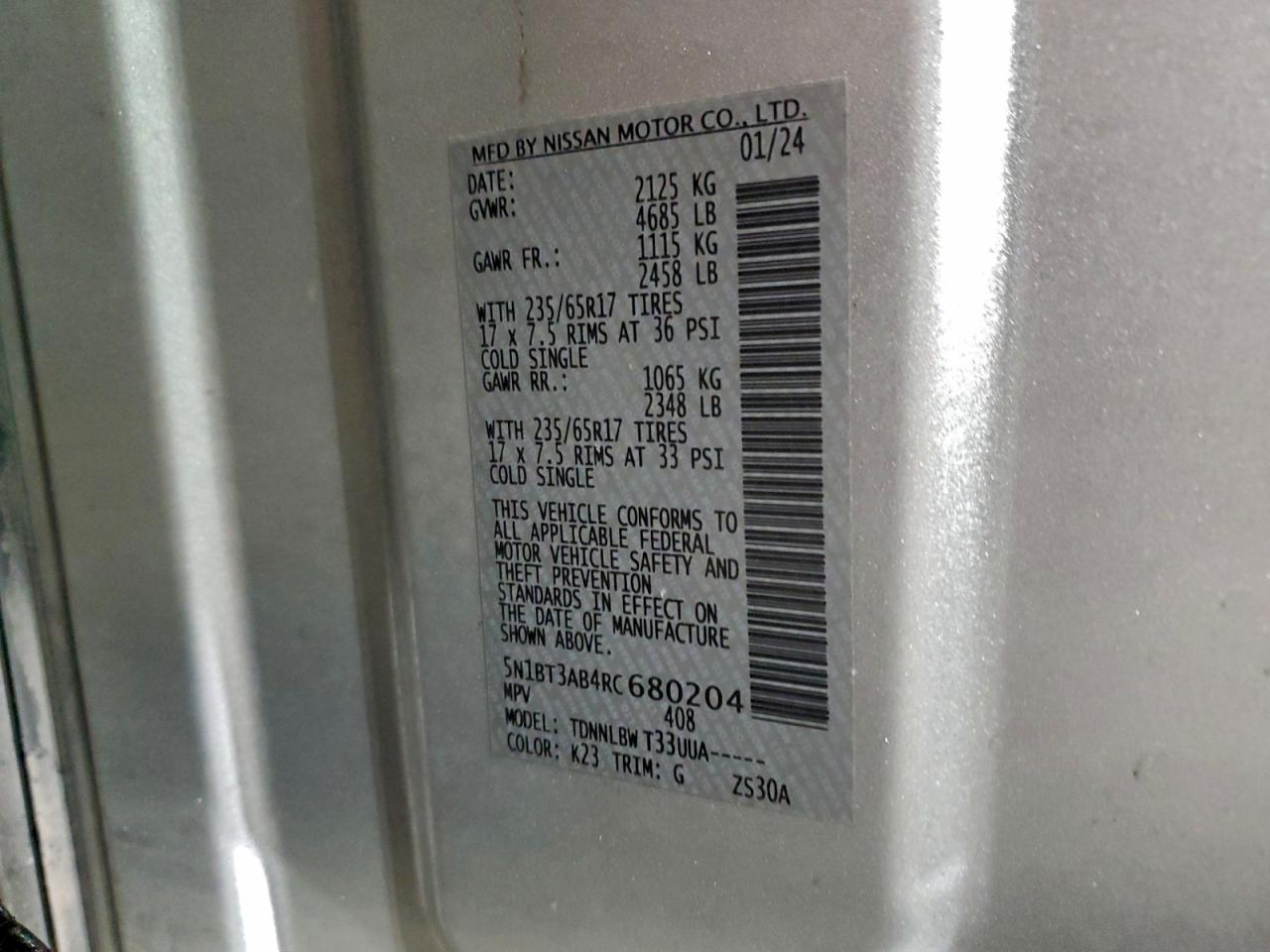 2024 Nissan Rogue S VIN: 5N1BT3AB4RC680204 Lot: 96721425