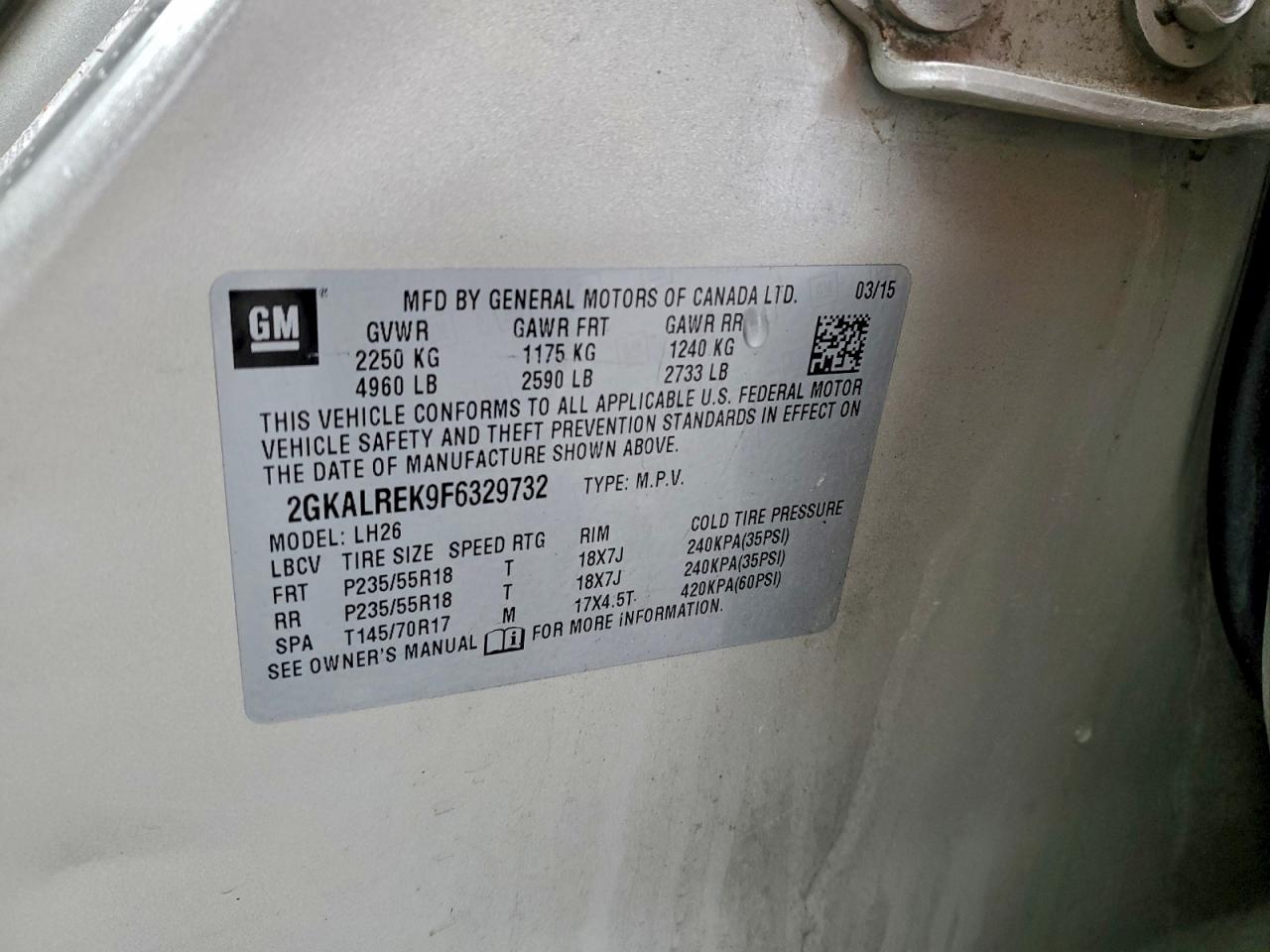 2015 GMC Terrain Sle VIN: 2GKALREK9F6329732 Lot: 96368655