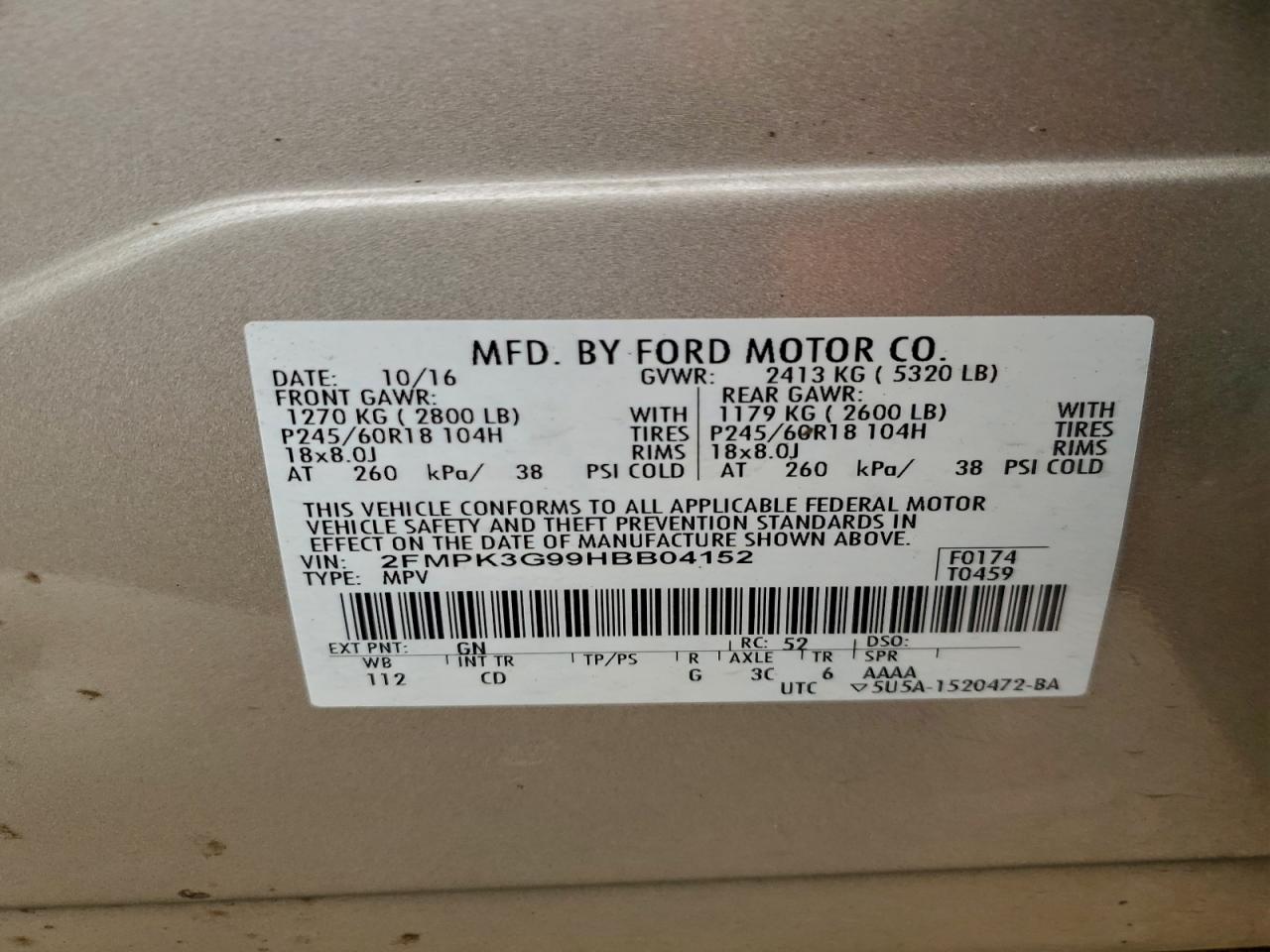 2017 Ford Edge Se VIN: 2FMPK3G99HBB04152 Lot: 97190695