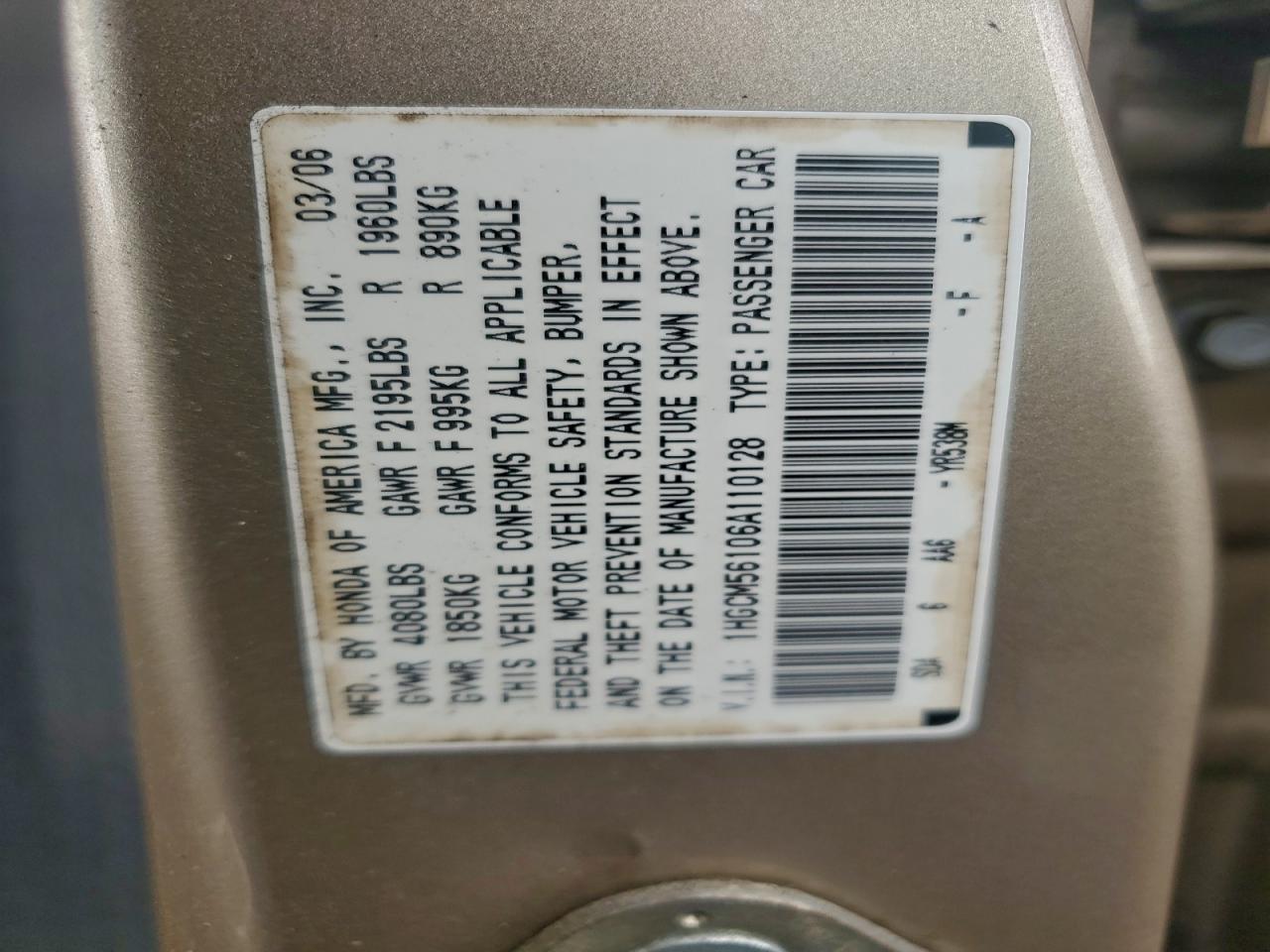 2006 Honda Accord Value VIN: 1HGCM56106A110128 Lot: 96157125