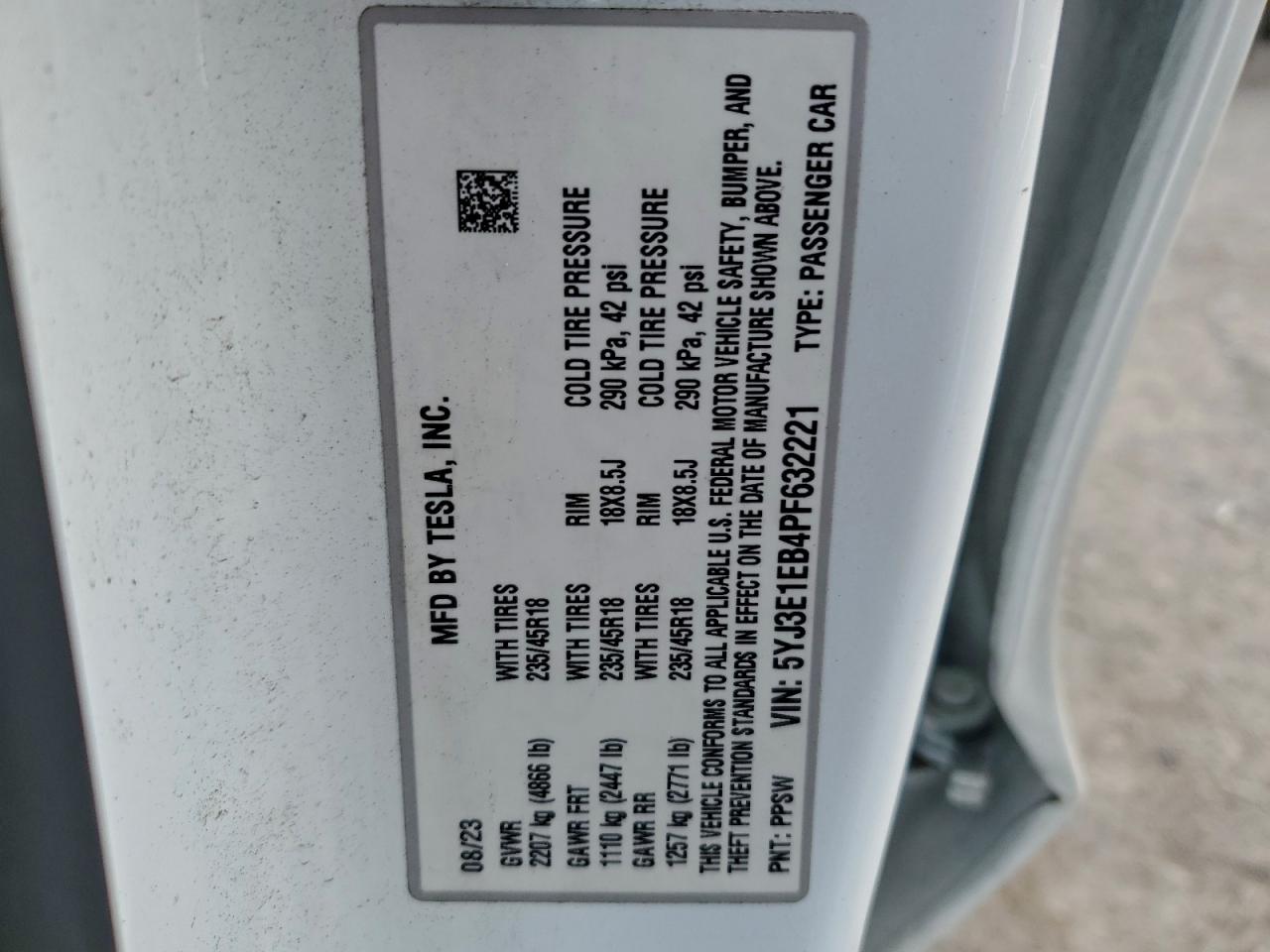 2023 Tesla Model 3 VIN: 5YJ3E1EB4PF632221 Lot: 94853665