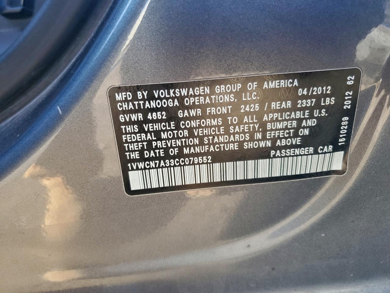 2012 Volkswagen Passat Sel VIN: 1VWCN7A33CC079552 Lot: 92921245