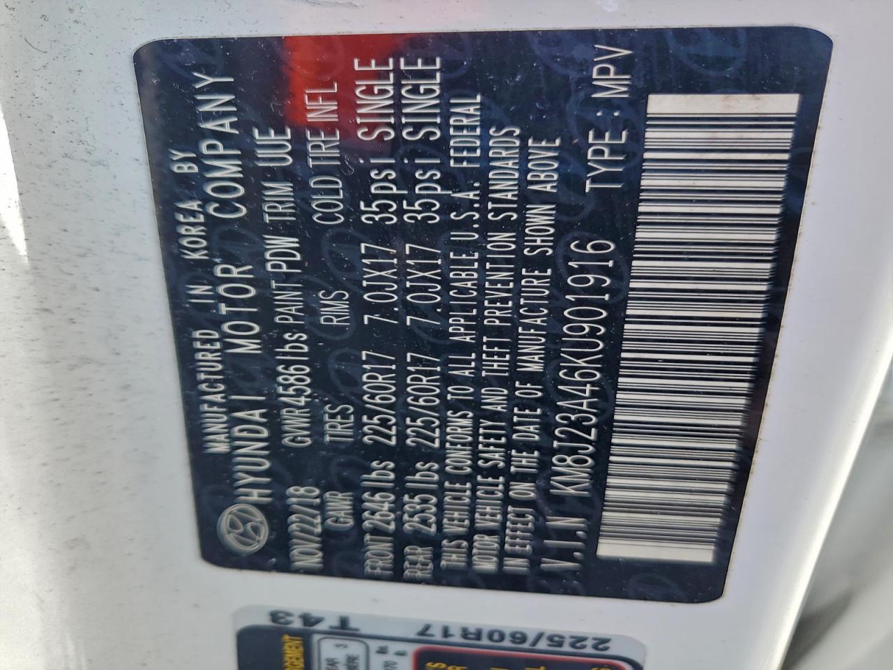 2019 Hyundai Tucson Se VIN: KM8J23A46KU901916 Lot: 97247375