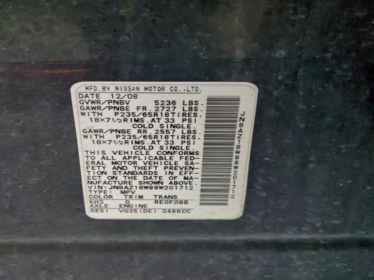 2009 Nissan Murano S VIN: JN8AZ18W99W201712 Lot: 95584535