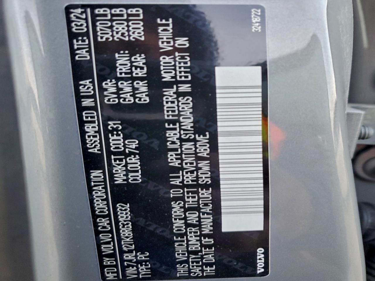 2024 Volvo S60 Core VIN: 7JRL12TK8RG319932 Lot: 95529365