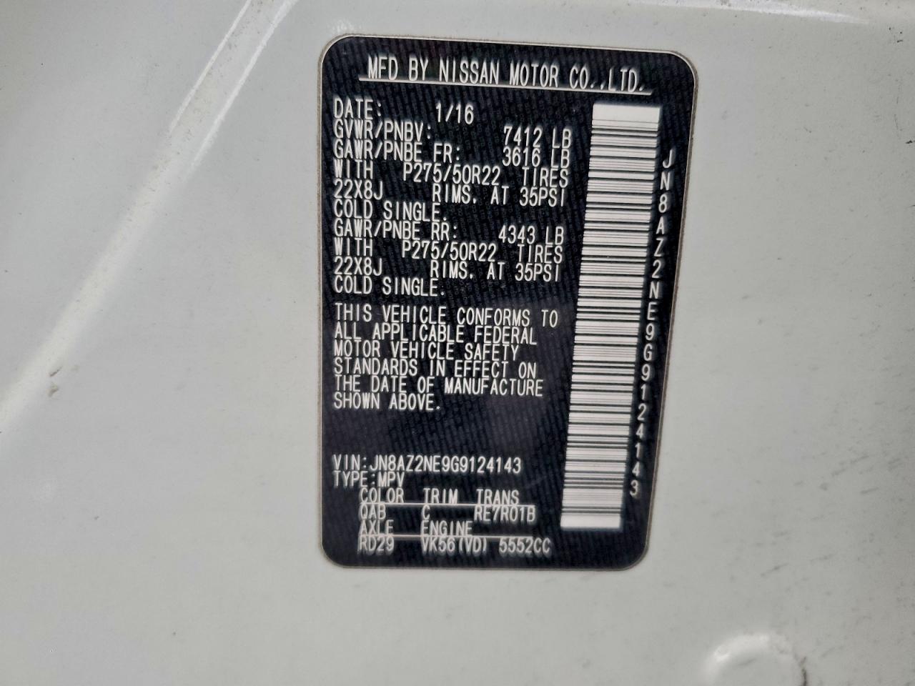 2016 Infiniti Qx80 VIN: JN8AZ2NE9G9124143 Lot: 93786615