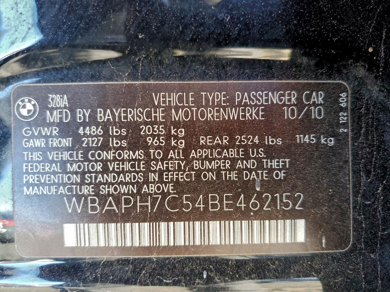 2011 BMW 328 I VIN: WBAPH7C54BE462152 Lot: 92764065