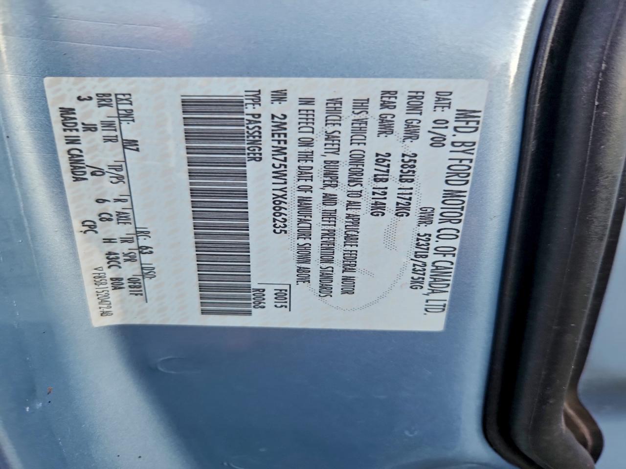 2000 Mercury Grand Marquis Ls VIN: 2MEFM75W1YX666235 Lot: 94965285