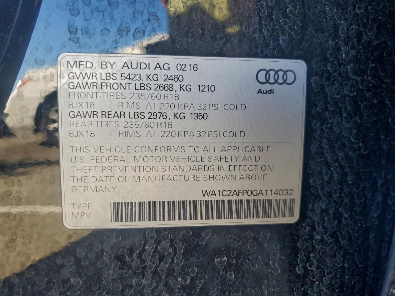 2016 Audi Q5 Premium VIN: WA1C2AFP0GA114032 Lot: 94738945