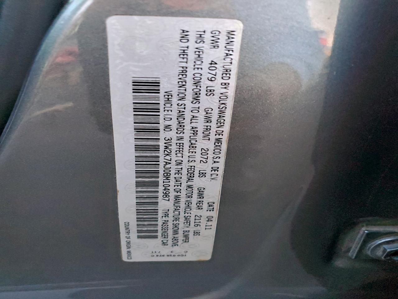 2011 Volkswagen Jetta Base VIN: 3VW2K7AJ0BM104987 Lot: 95109245