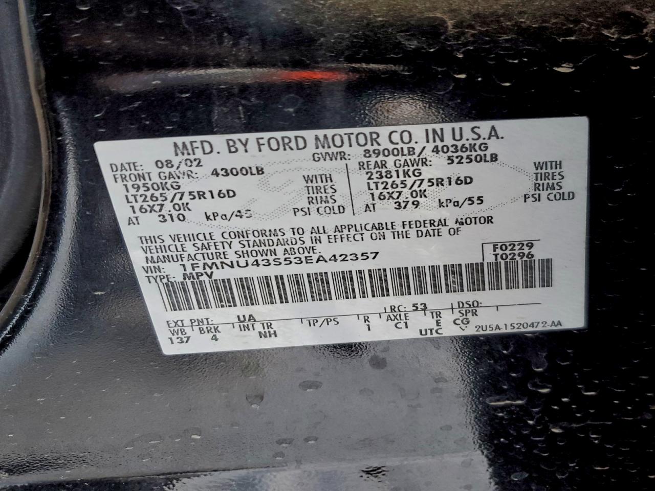 2003 Ford Excursion Limited VIN: 1FMNU43S53EA42357 Lot: 94373935