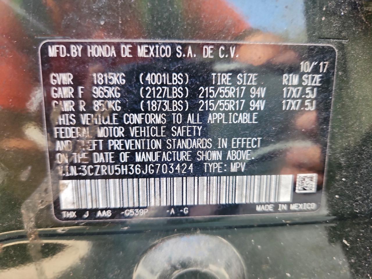 2018 Honda Hr-V Lx VIN: 3CZRU5H36JG703424 Lot: 94131445