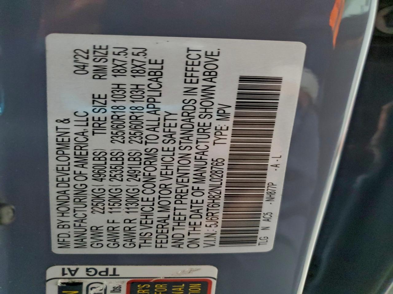 2022 Honda Cr-V Exl VIN: 5J6RT6H82NL028765 Lot: 95945035