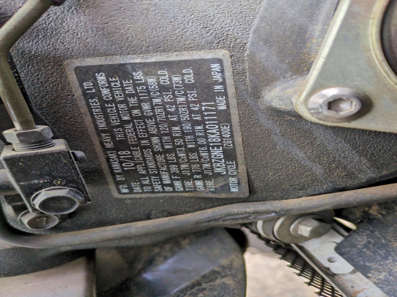 2019 Kawasaki Zg1400 E VIN: JKBZGNE18KA011171 Lot: 94346635