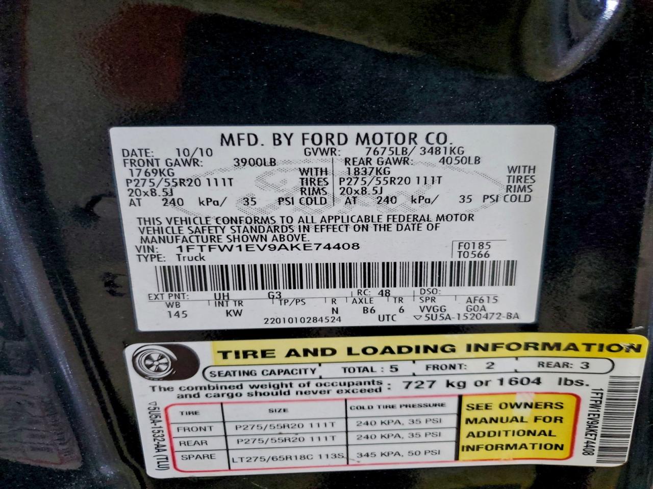 2010 Ford F150 Supercrew VIN: 1FTFW1EV9AKE74408 Lot: 96959575