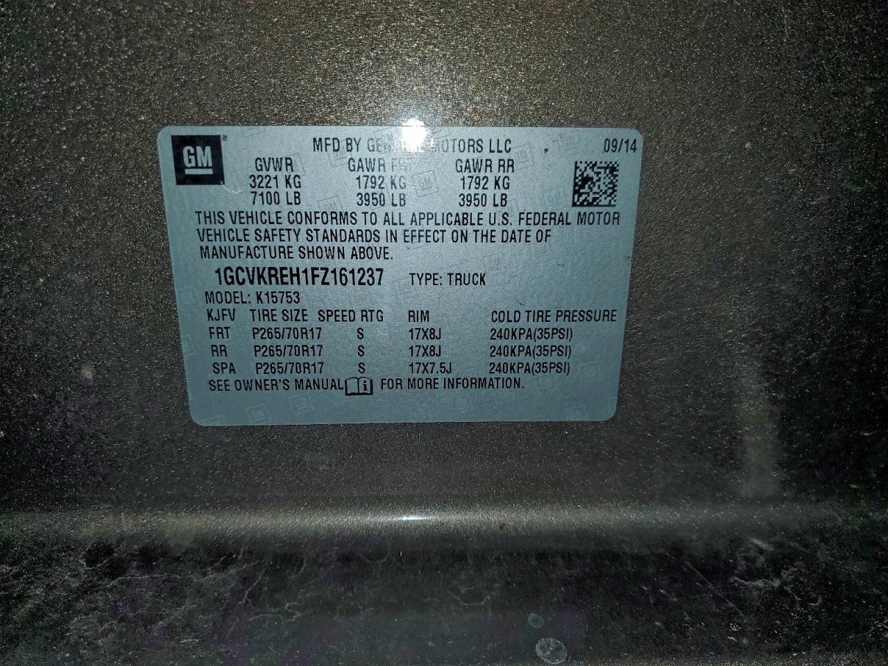 2015 Chevrolet Silverado K1500 Lt VIN: 1GCVKREH1FZ161237 Lot: 95128485