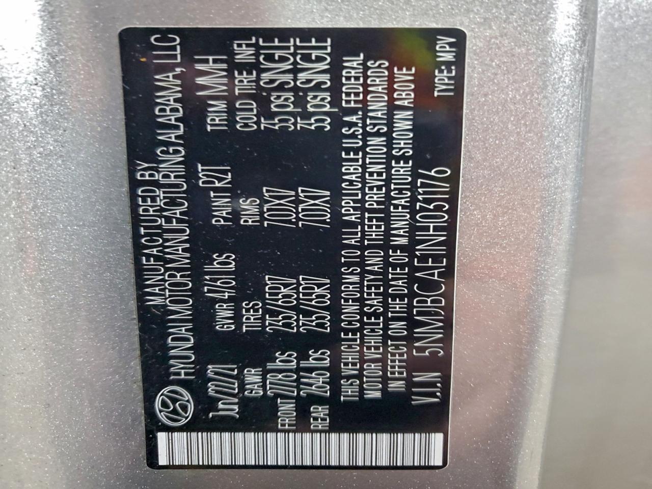 2022 Hyundai Tucson Sel VIN: 5NMJBCAE1NH031176 Lot: 95625125