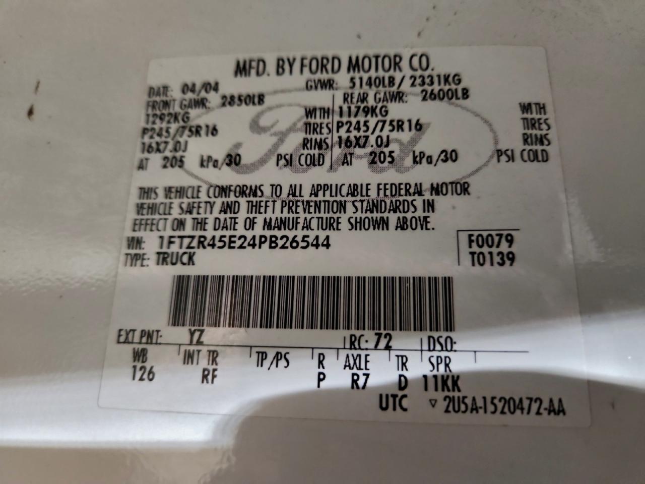 2004 Ford Ranger Super Cab VIN: 1FTZR45E24PB26544 Lot: 96994655