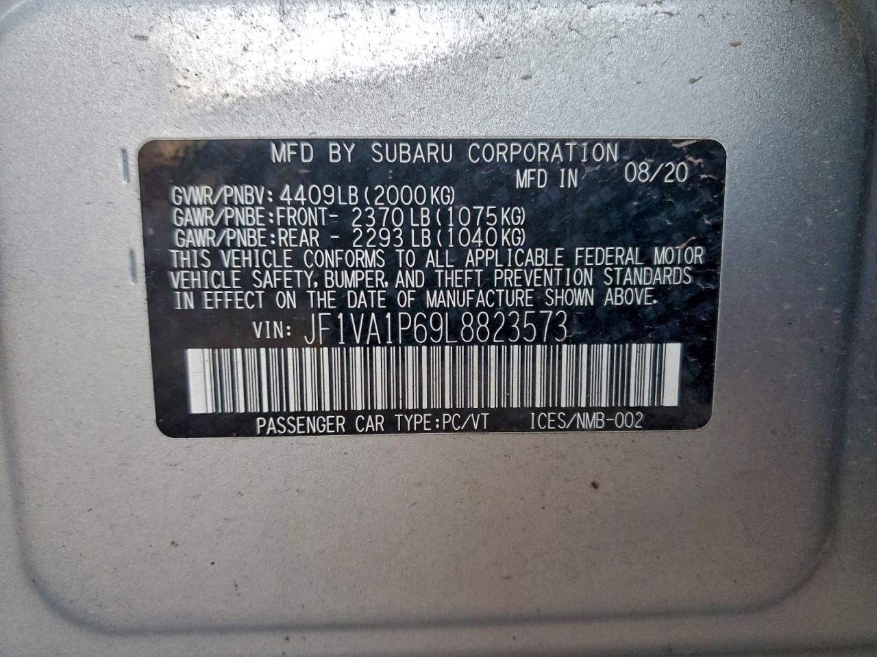 2020 Subaru Wrx Limited VIN: JF1VA1P69L8823573 Lot: 95758595