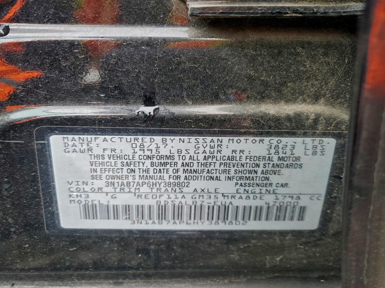 2017 Nissan Sentra S VIN: 3N1AB7AP6HY389802 Lot: 95001095