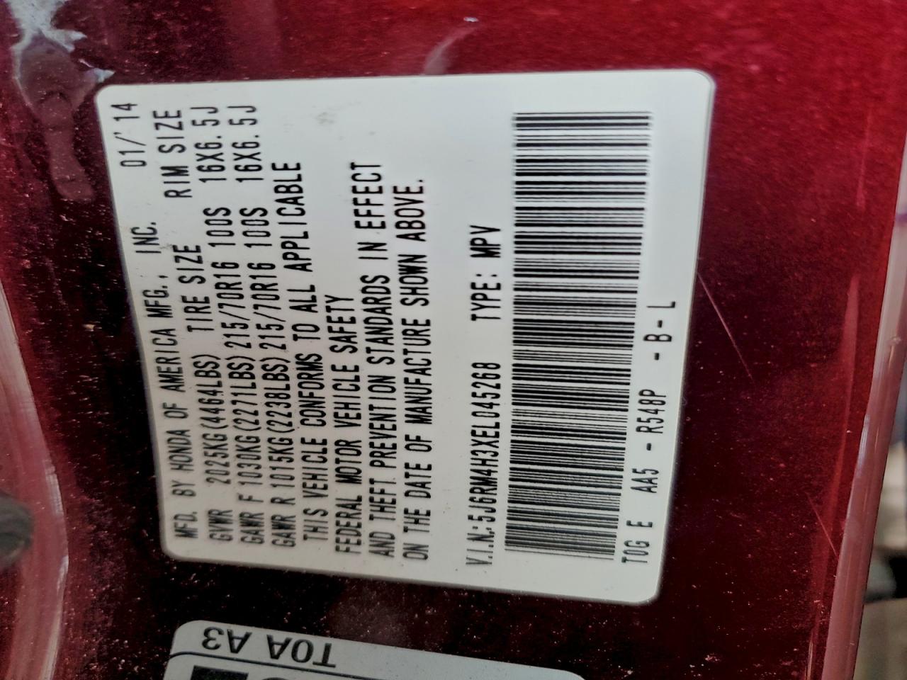 2014 Honda Cr-V Lx VIN: 5J6RM4H3XEL045268 Lot: 95150485