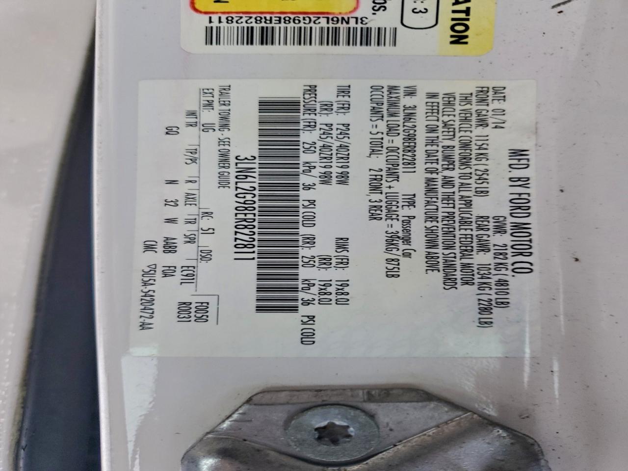 2014 Lincoln Mkz VIN: 3LN6L2G98ER822811 Lot: 96129305