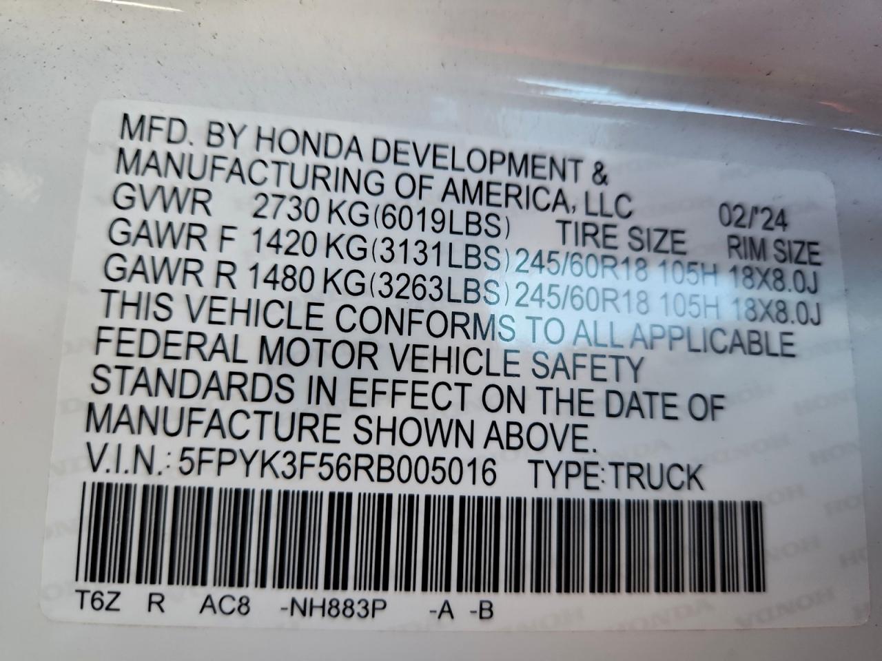 2024 Honda Ridgeline Rtl VIN: 5FPYK3F56RB005016 Lot: 96138475