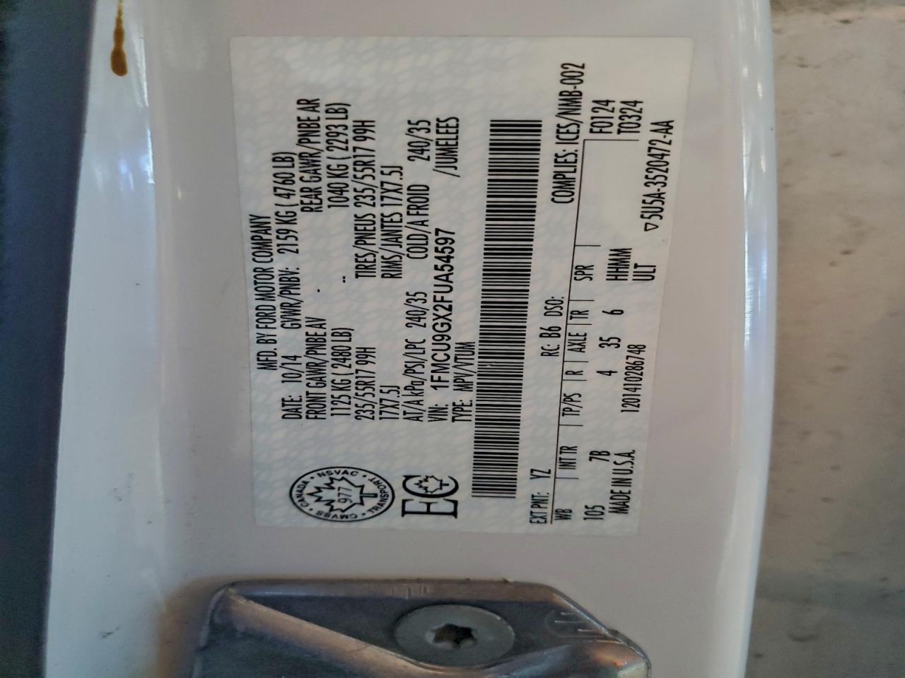 2015 Ford Escape Se VIN: 1FMCU9GX2FUA54597 Lot: 95527855