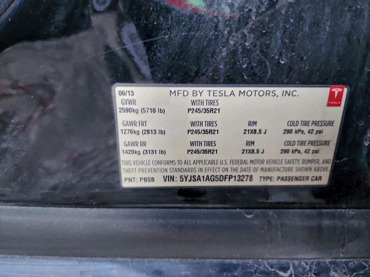 2013 Tesla Model S VIN: 5YJSA1AG5DFP13278 Lot: 95220045