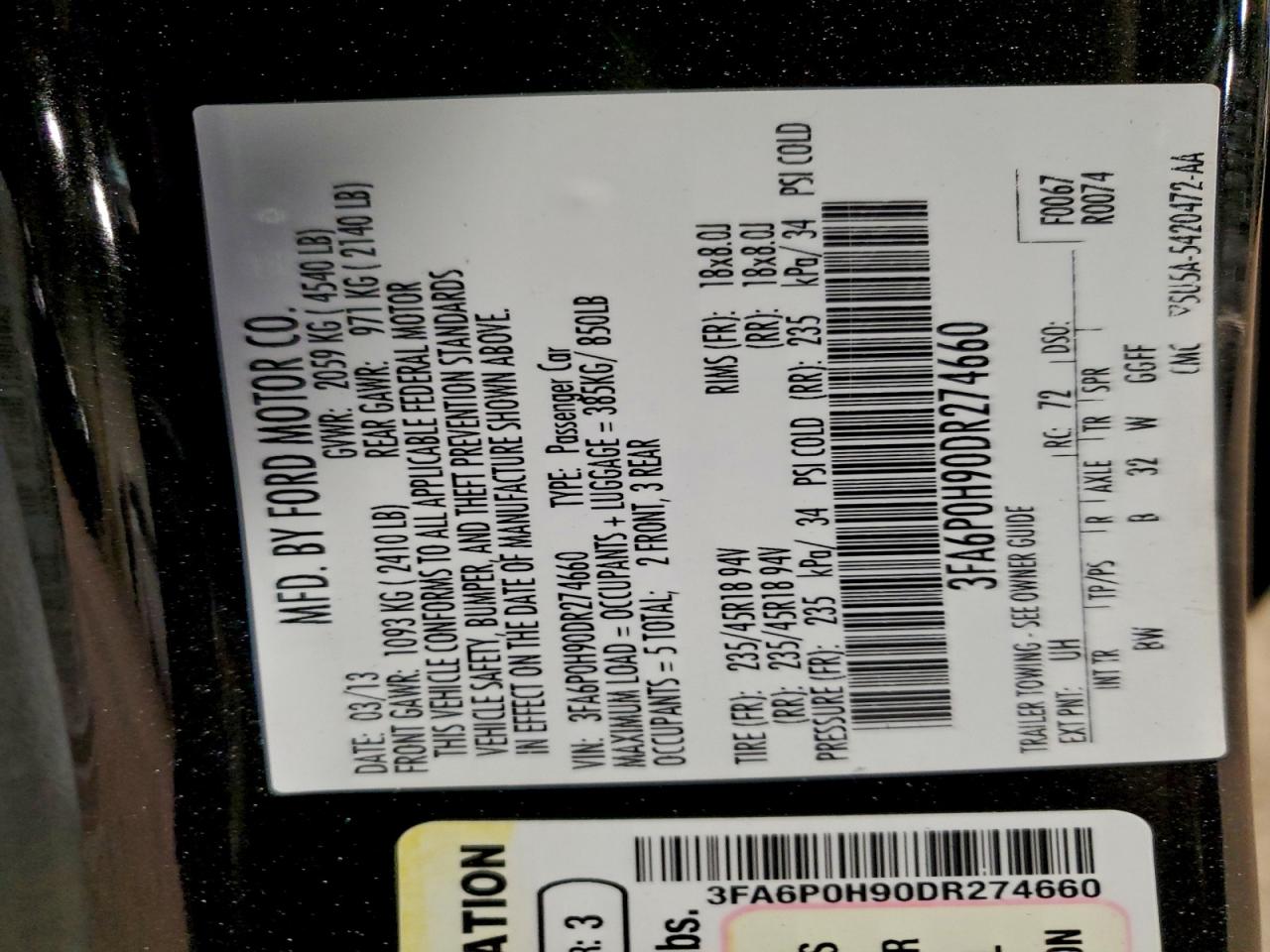 2013 Ford Fusion Se VIN: 3FA6P0H90DR274660 Lot: 95367425