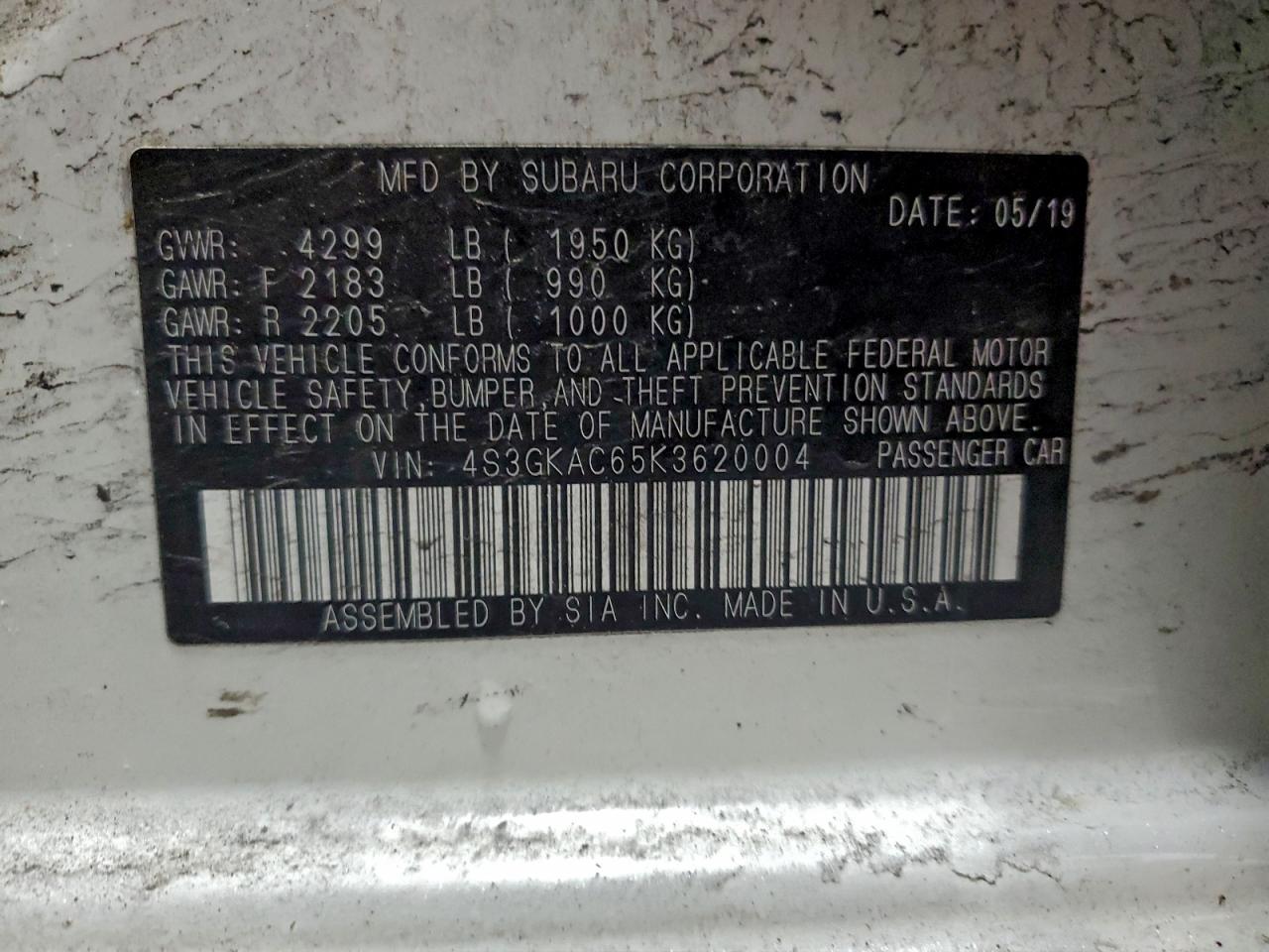 2019 Subaru Impreza Premium VIN: 4S3GKAC65K3620004 Lot: 95154315