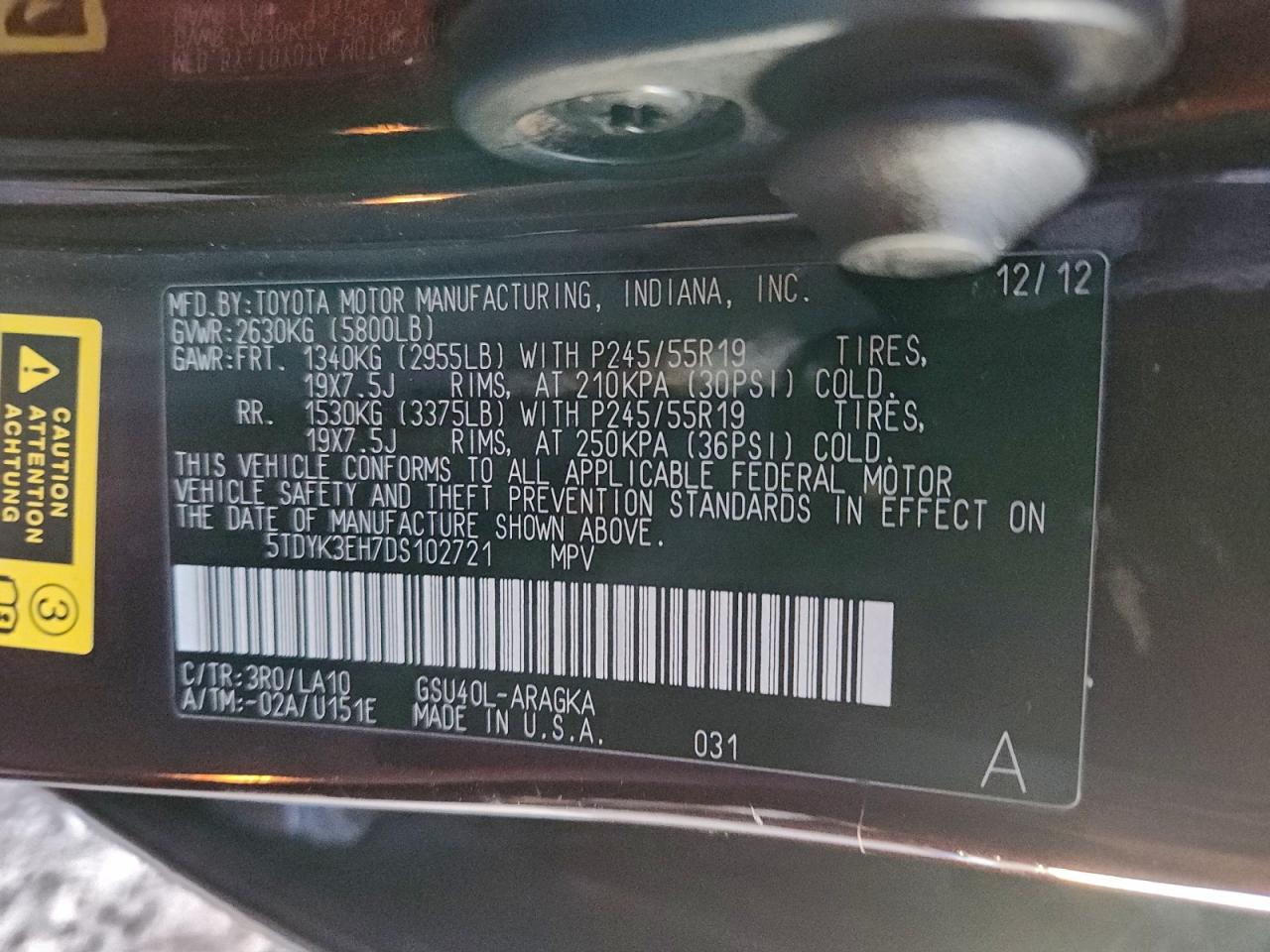 2013 Toyota Highlander Limited VIN: 5TDYK3EH7DS102721 Lot: 95504245