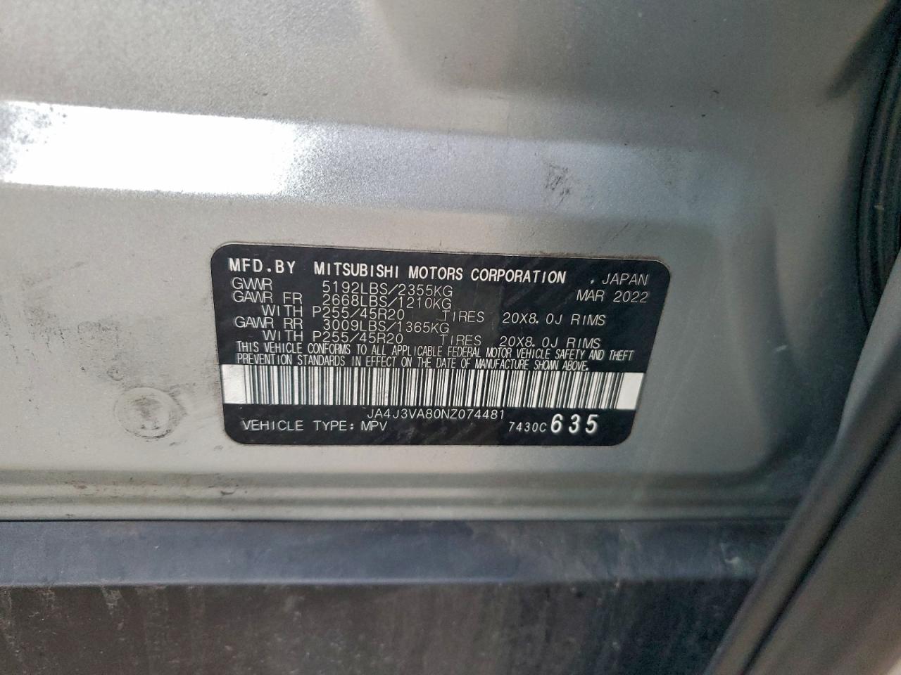 2022 Mitsubishi Outlander Sel VIN: JA4J3VA80NZ074481 Lot: 95133535