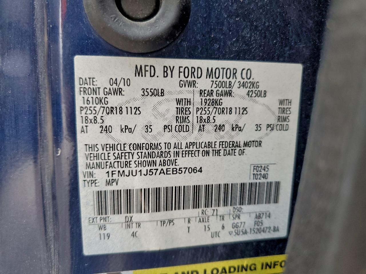 2010 Ford Expedition Eddie Bauer VIN: 1FMJU1J57AEB57064 Lot: 96960965