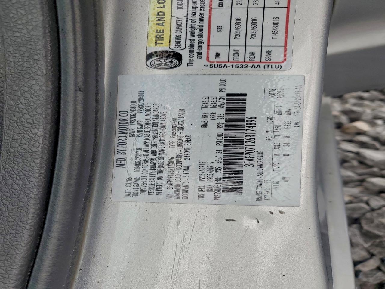 2006 Ford Fusion Se VIN: 3FAFP07126R174896 Lot: 94974615