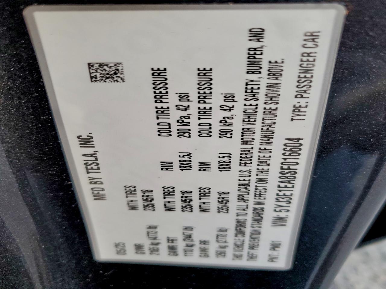 2025 Tesla Model 3 VIN: 5YJ3E1EA8SF016604 Lot: 94830645